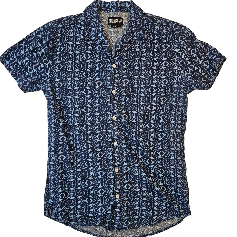 Trunks Surf & Swim Co Mens Small Navy Geometric Fish Print Button Down Shirt